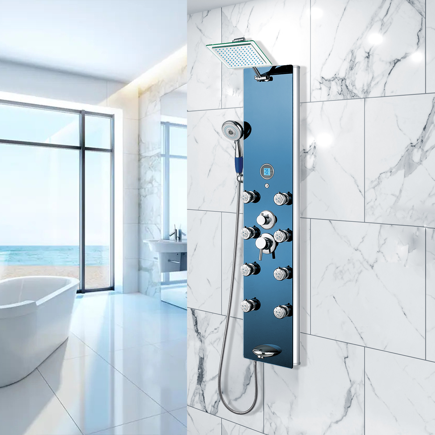 Fontana Blue Tempered Glass Multi-Function Massage Jets Rainfall Bath Shower Panel